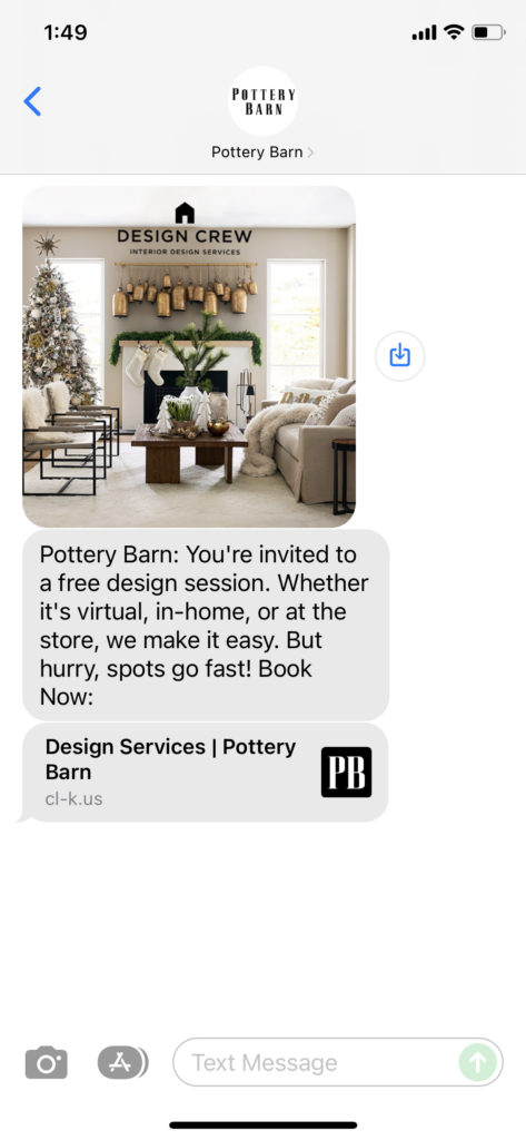 Pottery Barn Text Message Marketing Example - 11.09.2021