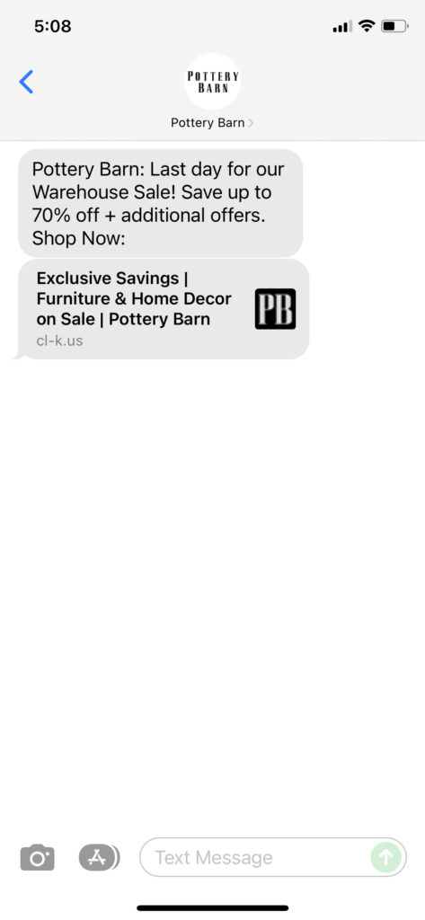 Pottery Barn Text Message Marketing Example - 11.11.2021