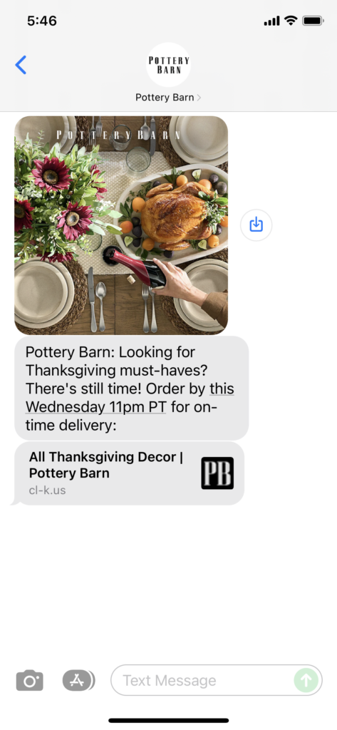 Pottery Barn Text Message Marketing Example - 11.15.2021