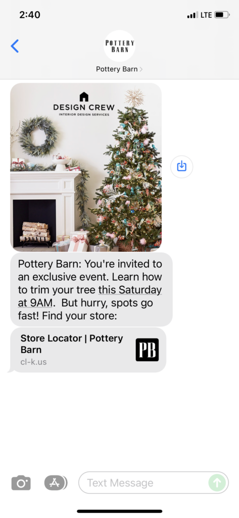 Pottery Barn Text Message Marketing Example - 11.18.2021