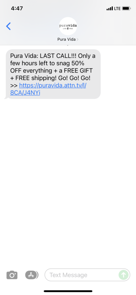 Pura Vida 1 Text Message Marketing Example - 11.29.2021