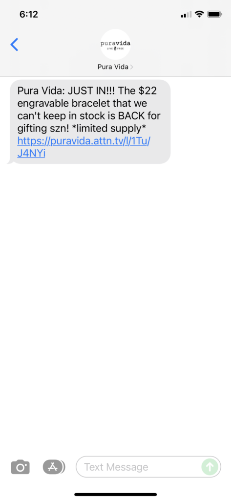 Pura Vida Text Message Marketing Example - 11.14.2021