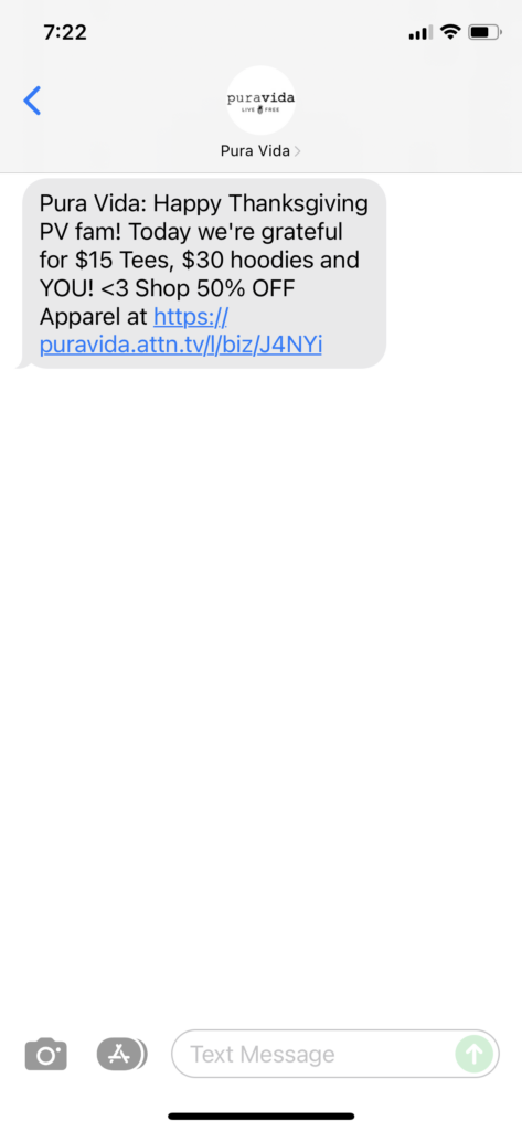 Pura Vida Text Message Marketing Example - 11.25.2021