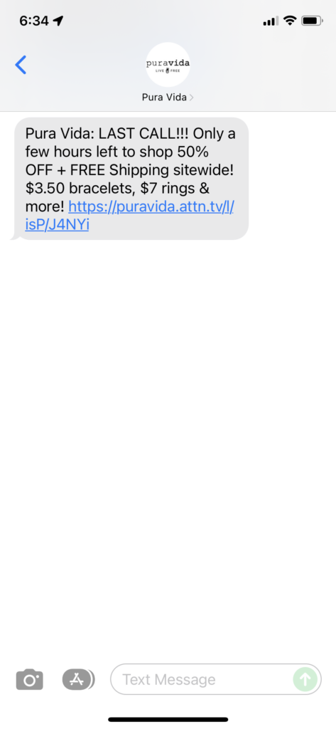 Pura Vida Text Message Marketing Example - 11.26.2021