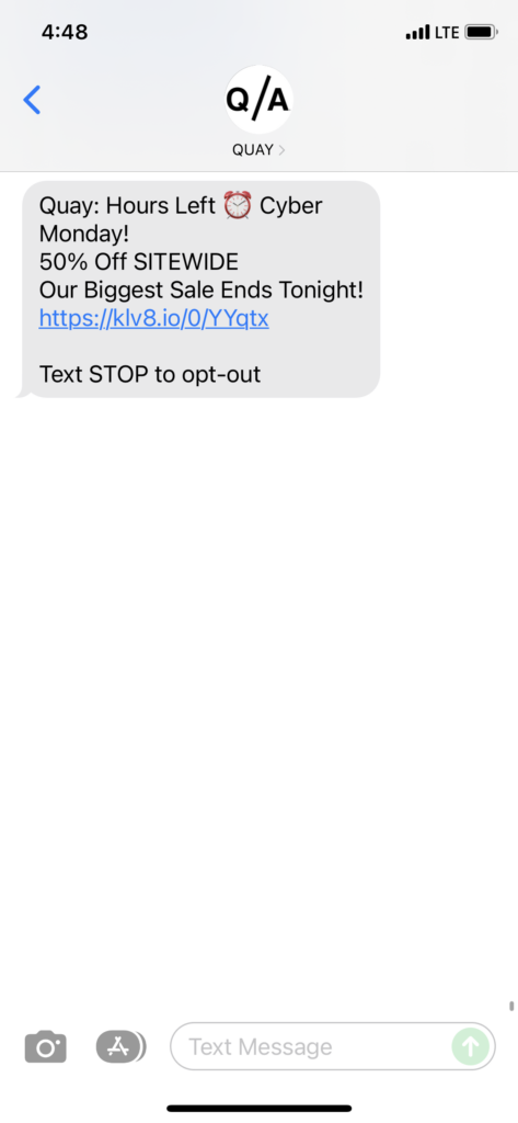 Quay 1 Text Message Marketing Example - 11.29.2021