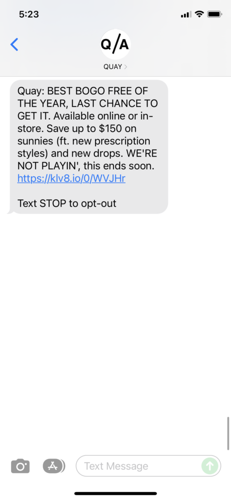 Quay Text Message Marketing Example - 11.28.2021