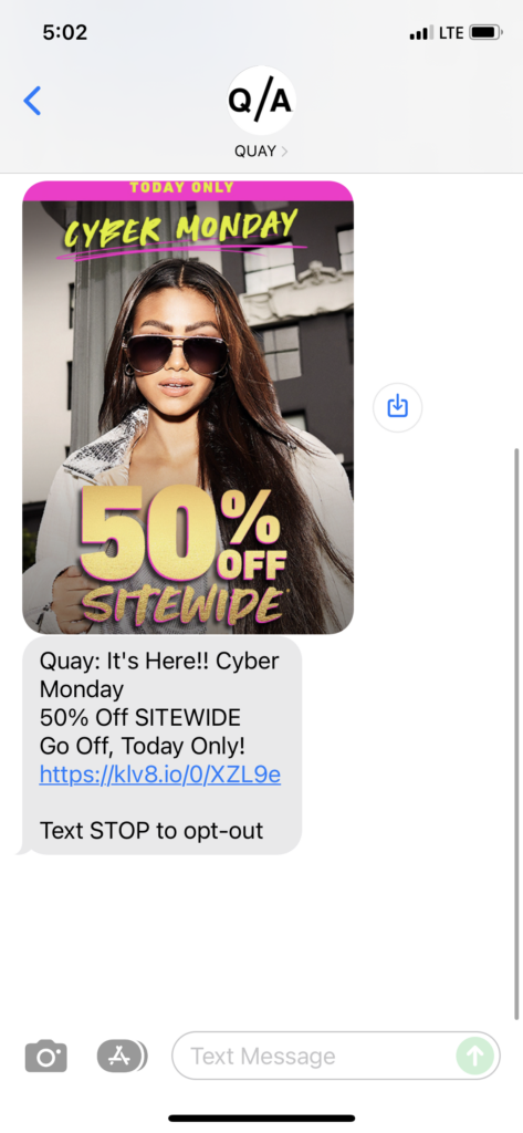 Quay Text Message Marketing Example - 11.29.2021