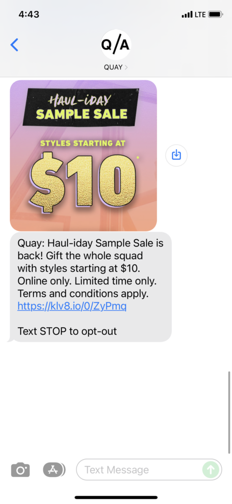 Quay Text Message Marketing Example - 11.30.2021