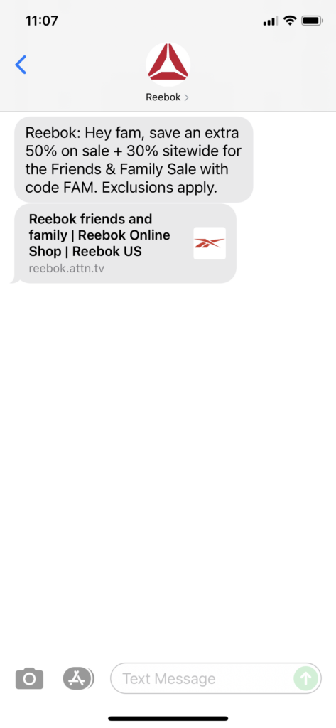 Reebok Text Message Marketing Example - 11.06.2021