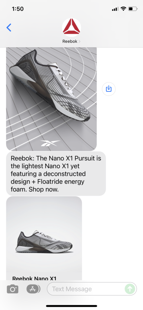Reebok Text Message Marketing Example - 11.09.2021