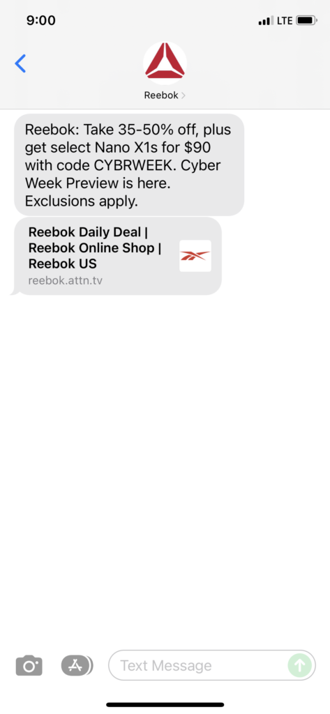 Reebok Text Message Marketing Example - 11.17.2021