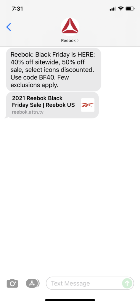 Reebok Text Message Marketing Example - 11.25.2021
