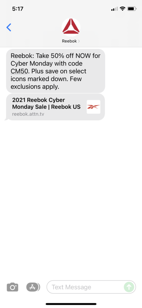 Reebok Text Message Marketing Example - 11.29.2021
