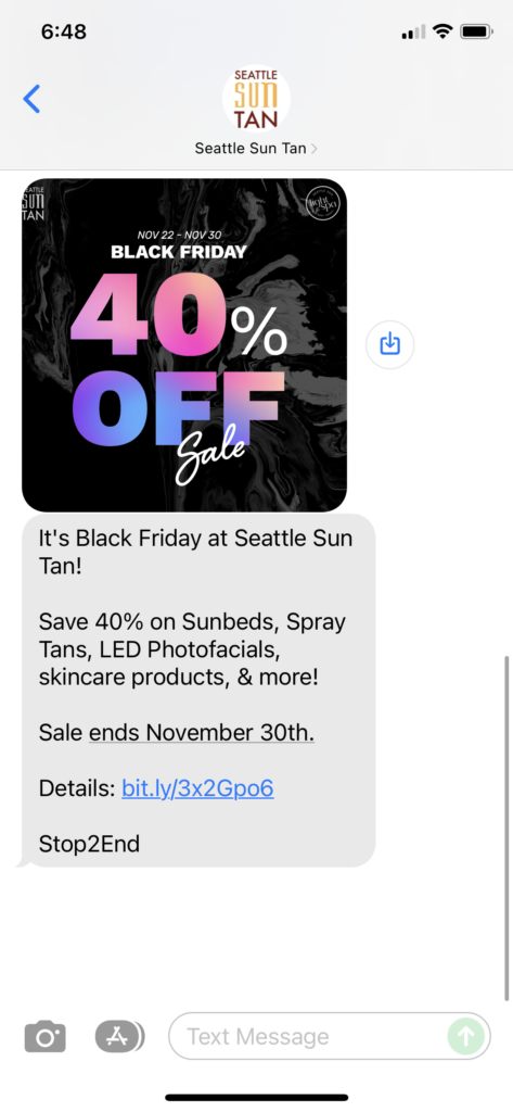 Seattle Sun Tan Text Message Marketing Example - 11.22.2021
