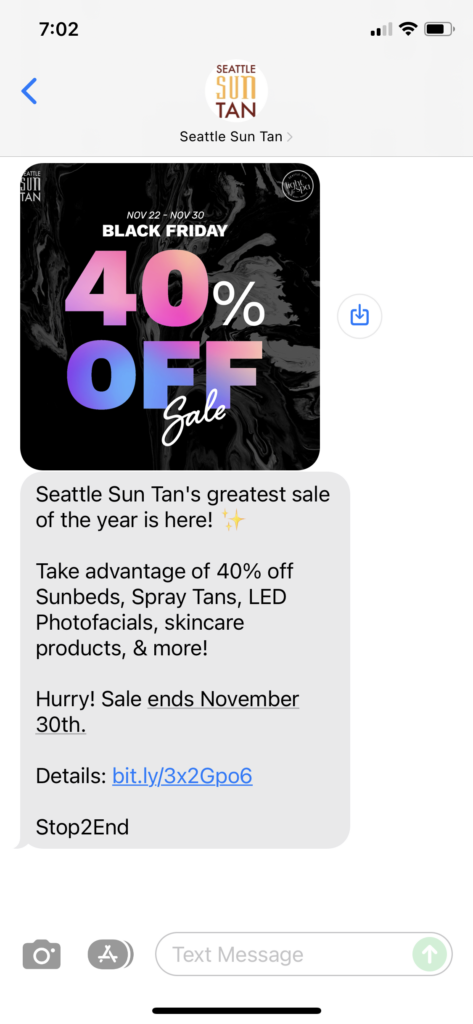 Seattle Sun Tan Text Message Marketing Example - 11.26.2021