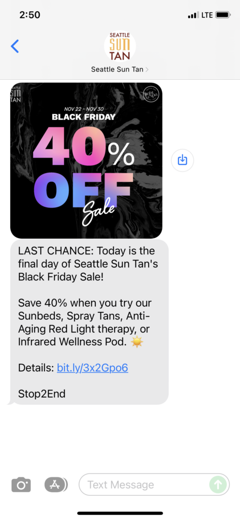 Seattle Sun Tan Text Message Marketing Example - 11.30.2021