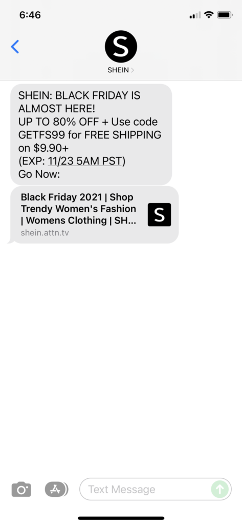 Shein Text Message Marketing Example - 11.22.2021