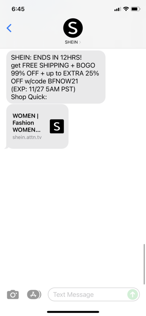 Shein Text Message Marketing Example - 11.26.2021