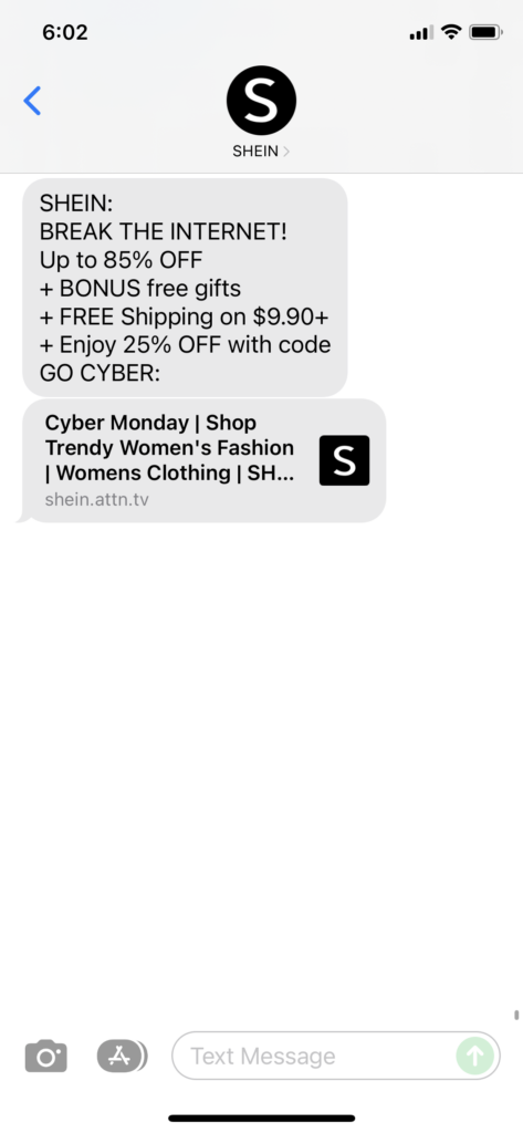 Shein Text Message Marketing Example - 11.28.2021