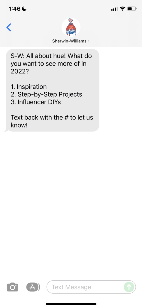 Sherwin Williams Text Message Marketing Example - 11.09.2021