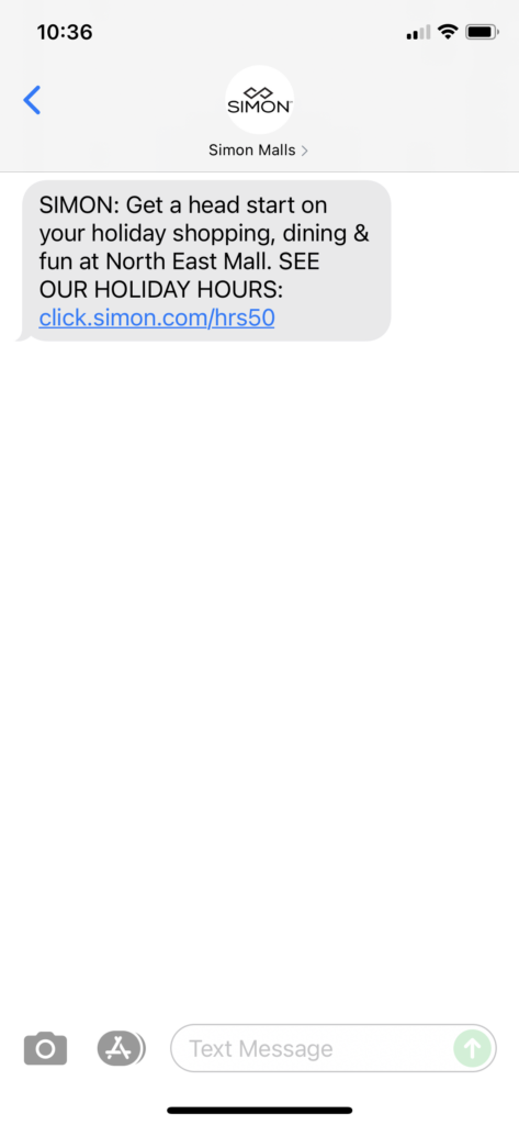 Simon Malls Text Message Marketing Example - 11.01.2021
