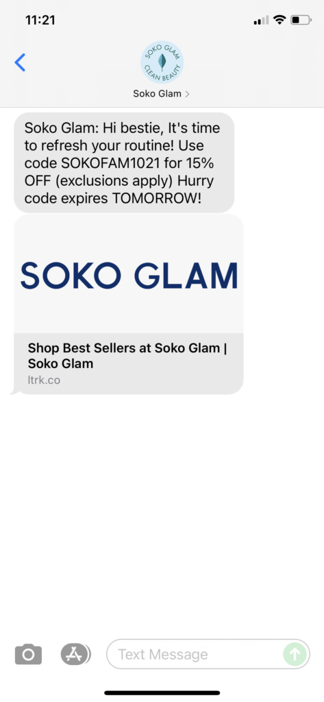 Soko Glam Text Message Marketing Example - 10.27.2021