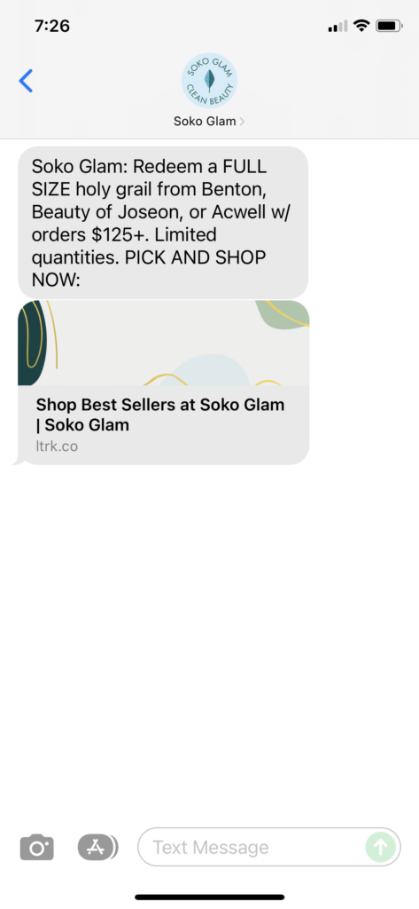 Soko Glam Text Message Marketing Example - 11.19.2021