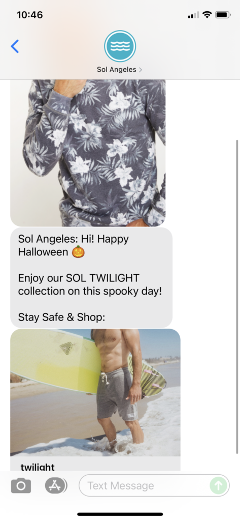 Sol Angeles Text Message Marketing Example - 10.31.2021
