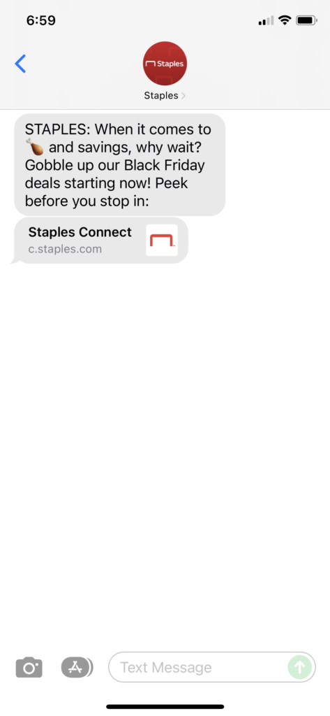 Staples Text Message Marketing Example - 11.21.2021