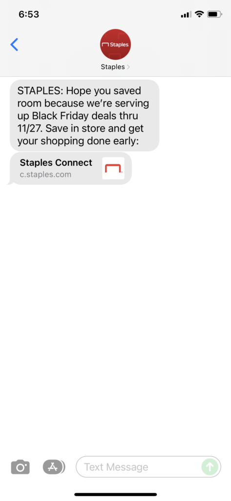 Staples Text Message Marketing Example - 11.26.2021