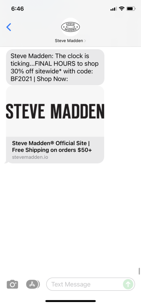 Steve Madden 1 Text Message Marketing Example - 11.26.2021