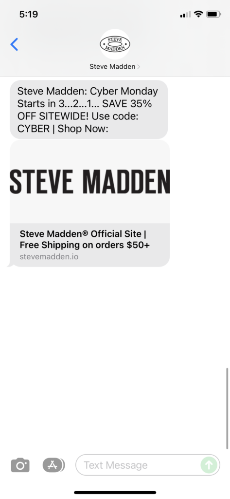 Steve Madden 1 Text Message Marketing Example - 11.29.2021