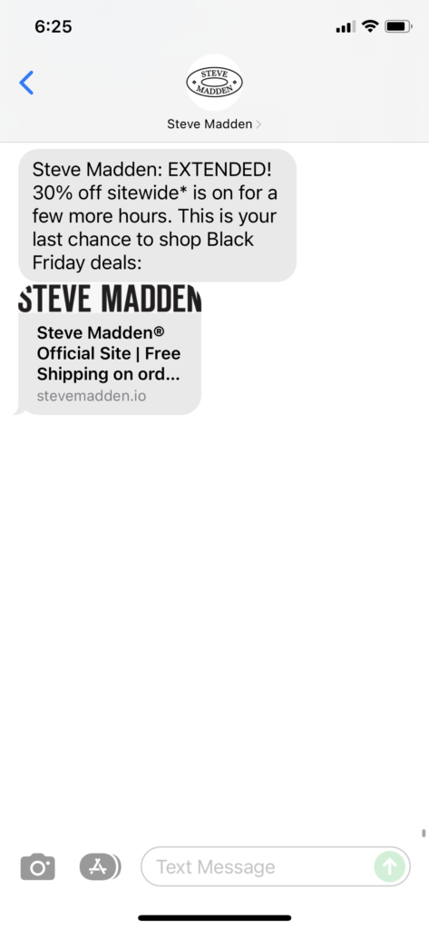 Steve Madden Text Message Marketing Example - 11.27.2021