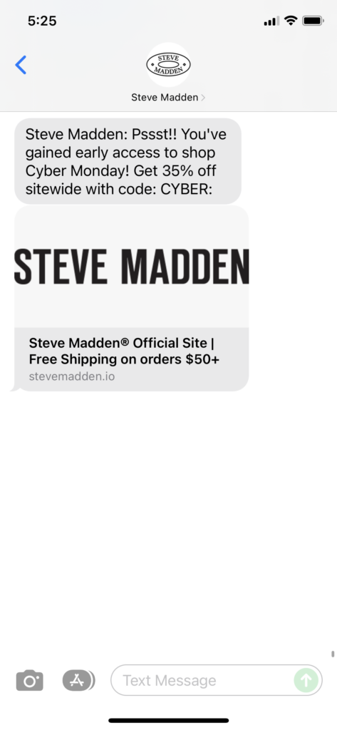 Steve Madden Text Message Marketing Example - 11.28.2021