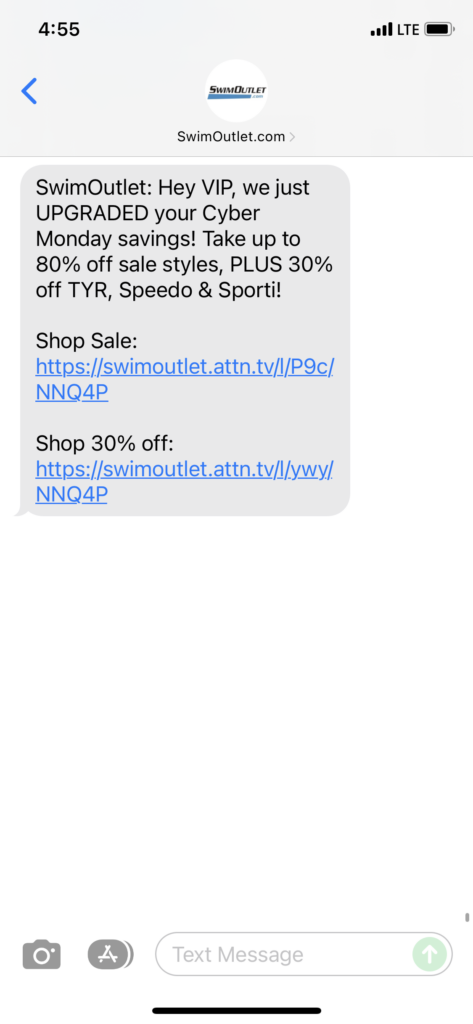 SwimOutlet.com Text Message Marketing Example - 11.29.2021