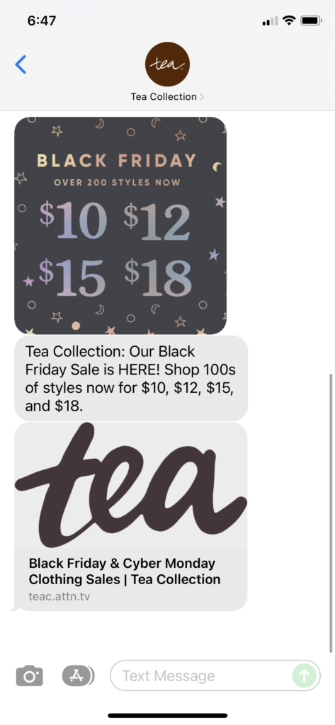 Tea Collection Text Message Marketing Example - 11.22.2021