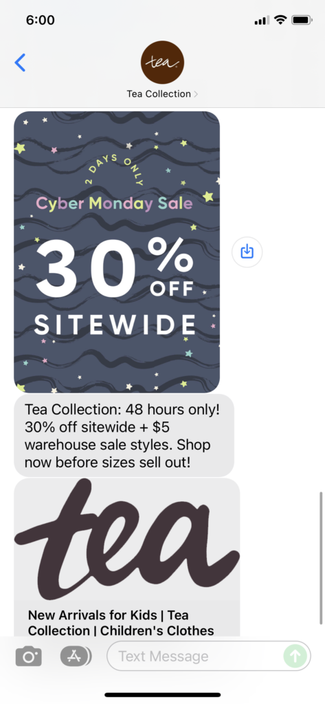 Tea Collection Text Message Marketing Example - 11.28.2021