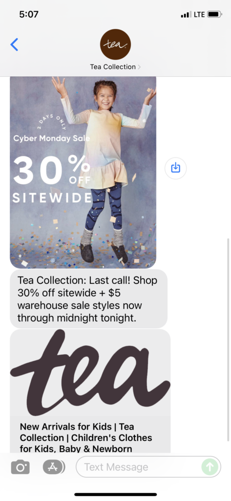 Tea Collection Text Message Marketing Example - 11.29.2021