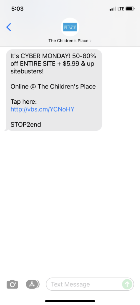 The Children's Place 1 Text Message Marketing Example - 11.29.2021