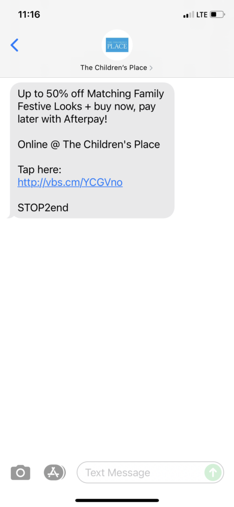 The Children's Place Text Message Marketing Example - 10.28.2021