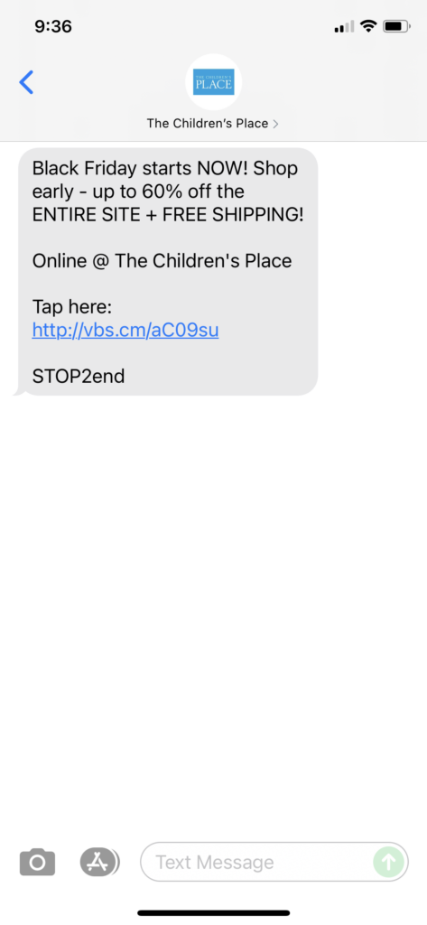 The Children's Place Text Message Marketing Example - 11.04.2021