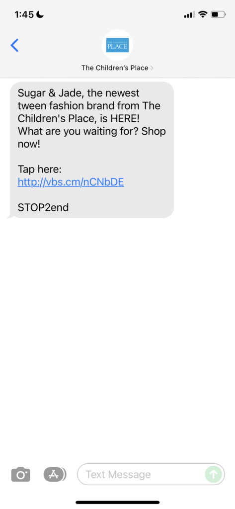 The Children's Place Text Message Marketing Example - 11.09.2021