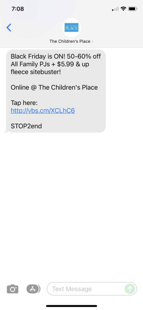 The Children's Place Text Message Marketing Example - 11.20.2021