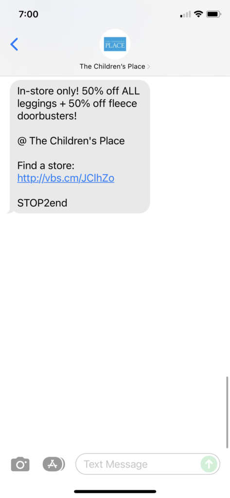 The Children's Place Text Message Marketing Example - 11.21.2021