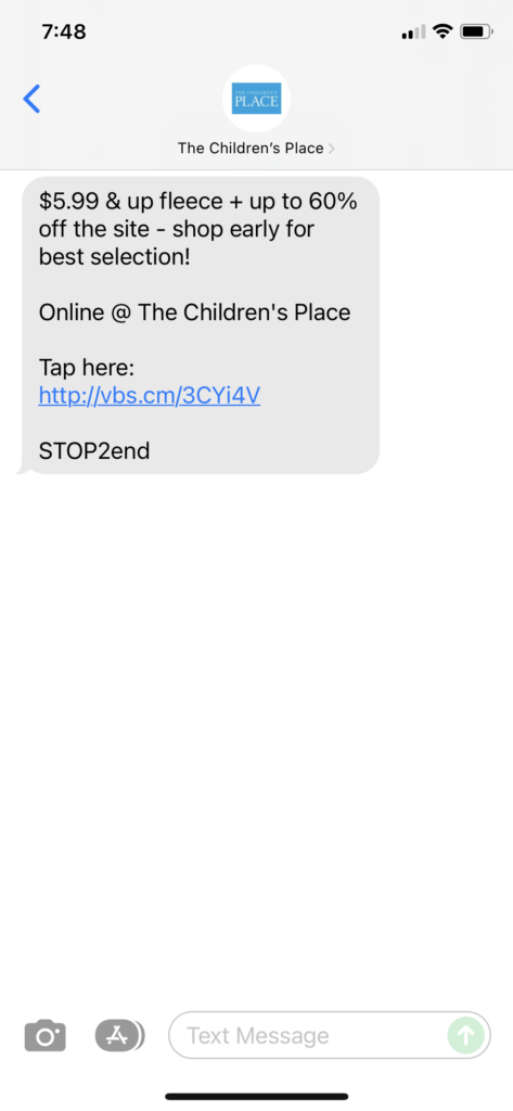 The Children's Place Text Message Marketing Example - 11.22.2021