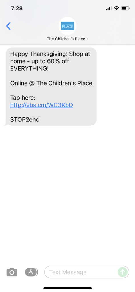The Children's Place Text Message Marketing Example - 11.25.2021
