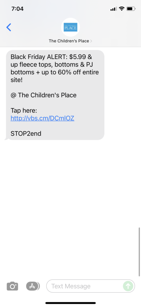 The Children's Place Text Message Marketing Example - 11.26.2021