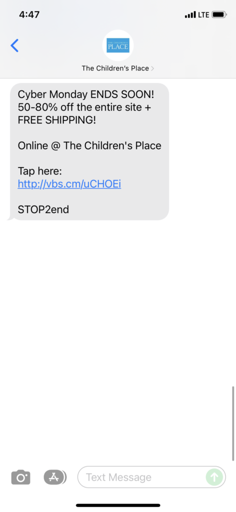 The Children's Place Text Message Marketing Example - 11.29.2021