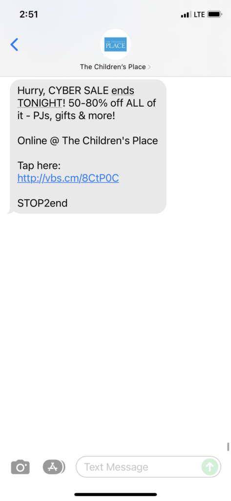 The Children's Place Text Message Marketing Example - 11.30.2021