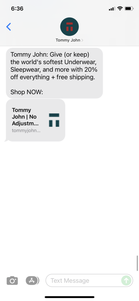 Tommy John 1 Text Message Marketing Example - 11.26.2021